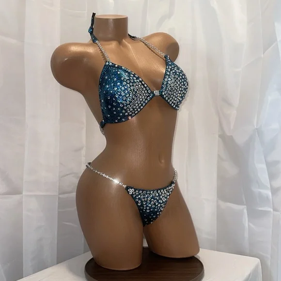 Npc competition bikini suit, teal hologram, handmade new color34B small bottom - Picture 2 of 7